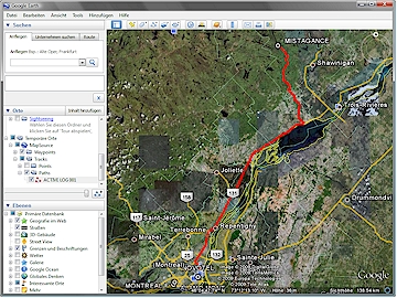 Aus MapSource in Google Earth dargestellter Track einer Fahrt von Montreal zum La Mauricie Nationalpark in Kanada