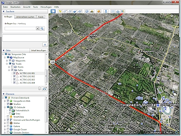 Aus MapSource in Google Earth dargestellter Track einer Fahrt durch Montreal vorbei am Olympia-Gelaende