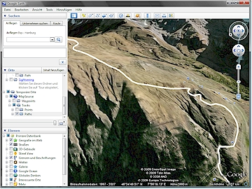 Aus MapSource in Google Earth dargestellter Track einer Lauberhorn-Abfahrt (vergroesserter Ausschnitt)